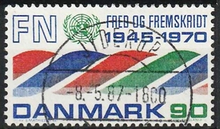 FRIMÆRKER DANMARK | 1970 - AFA 507 - FN 25 år. - 90 rød/blå/grøn - Pragt Stemplet Jyderup